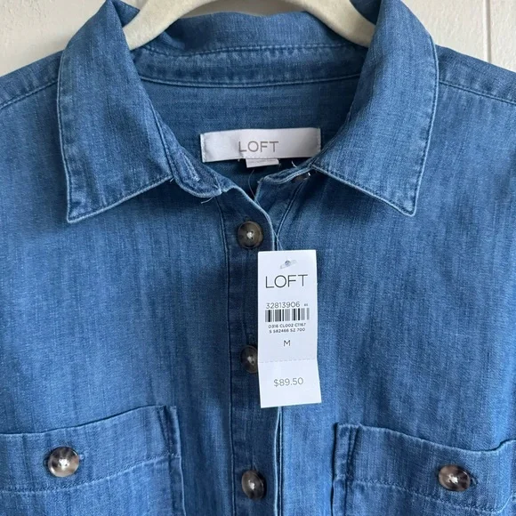 NWT Loft Denim Shirt Dress Chambray Blue Size Medium Long Sleeve Button Front - Picture 4 of 9